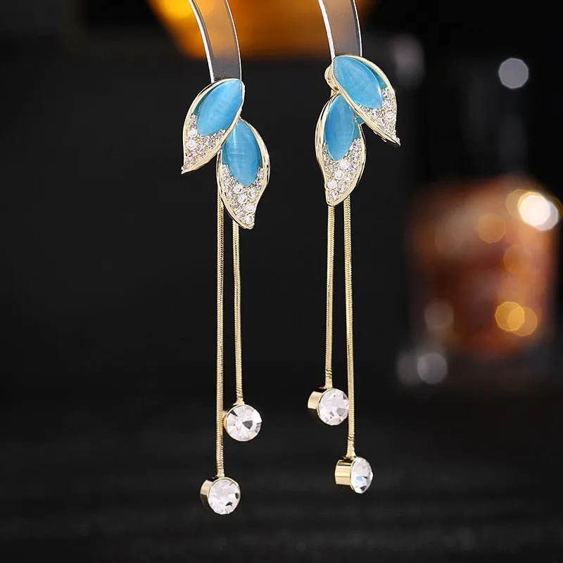 Korean version of the new Cubic Zirconia earrings long opal leaf tassel back hanging earrings multi use earring LYX116