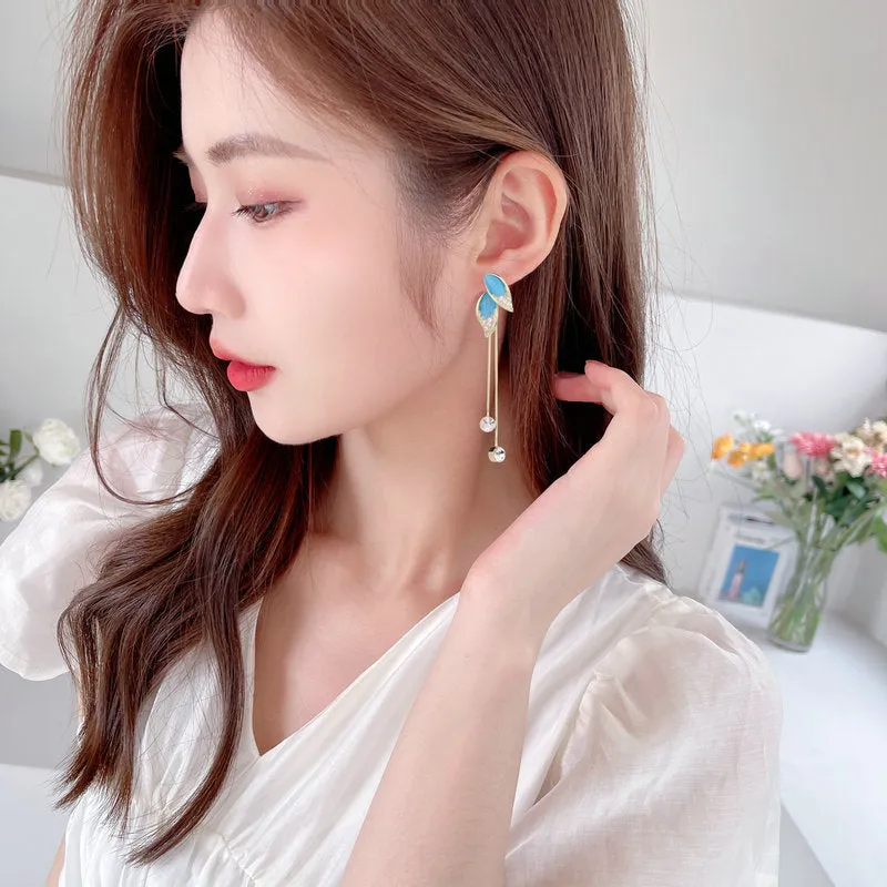 Korean version of the new Cubic Zirconia earrings long opal leaf tassel back hanging earrings multi use earring LYX116