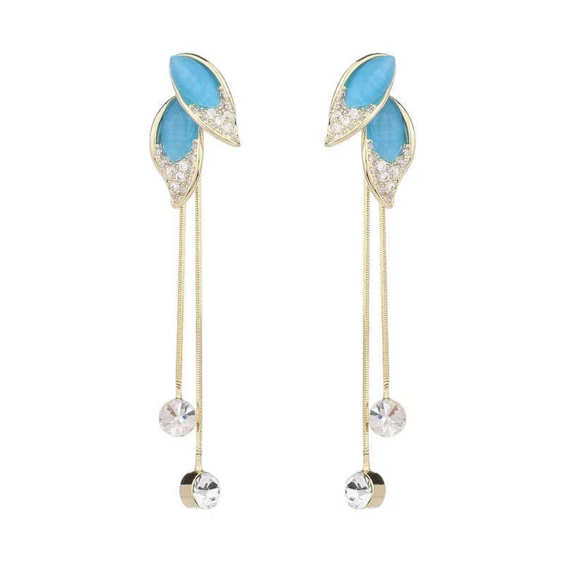 Korean version of the new Cubic Zirconia earrings long opal leaf tassel back hanging earrings multi use earring LYX116