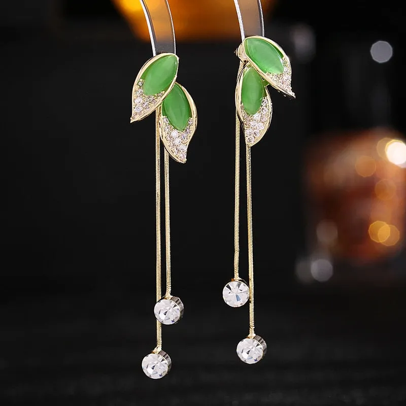 Korean version of the new Cubic Zirconia earrings long opal leaf tassel back hanging earrings multi use earring LYX116