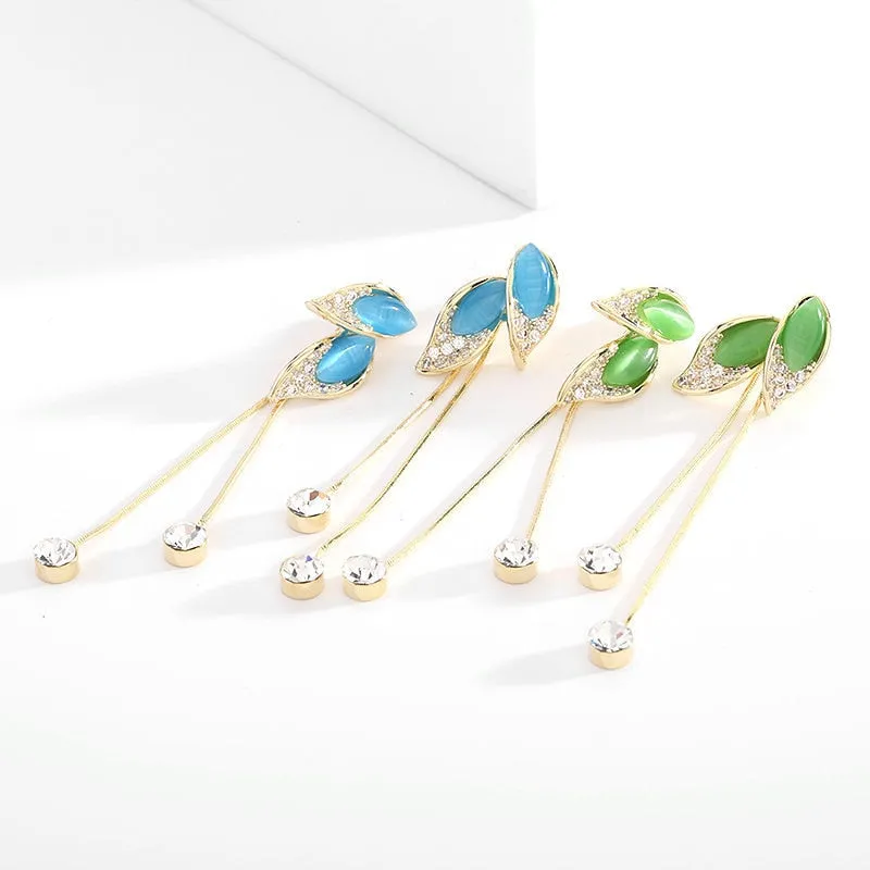 Korean version of the new Cubic Zirconia earrings long opal leaf tassel back hanging earrings multi use earring LYX116