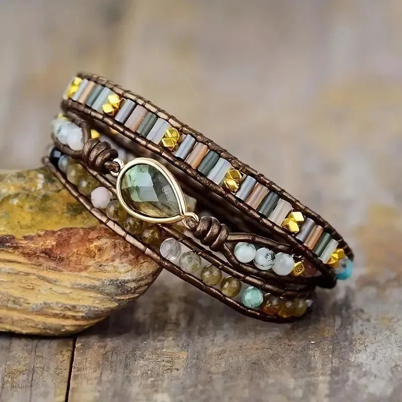 Labradorite & Rhinestone Wrap Bracelet - Stunning Bohemian Style Jewelry