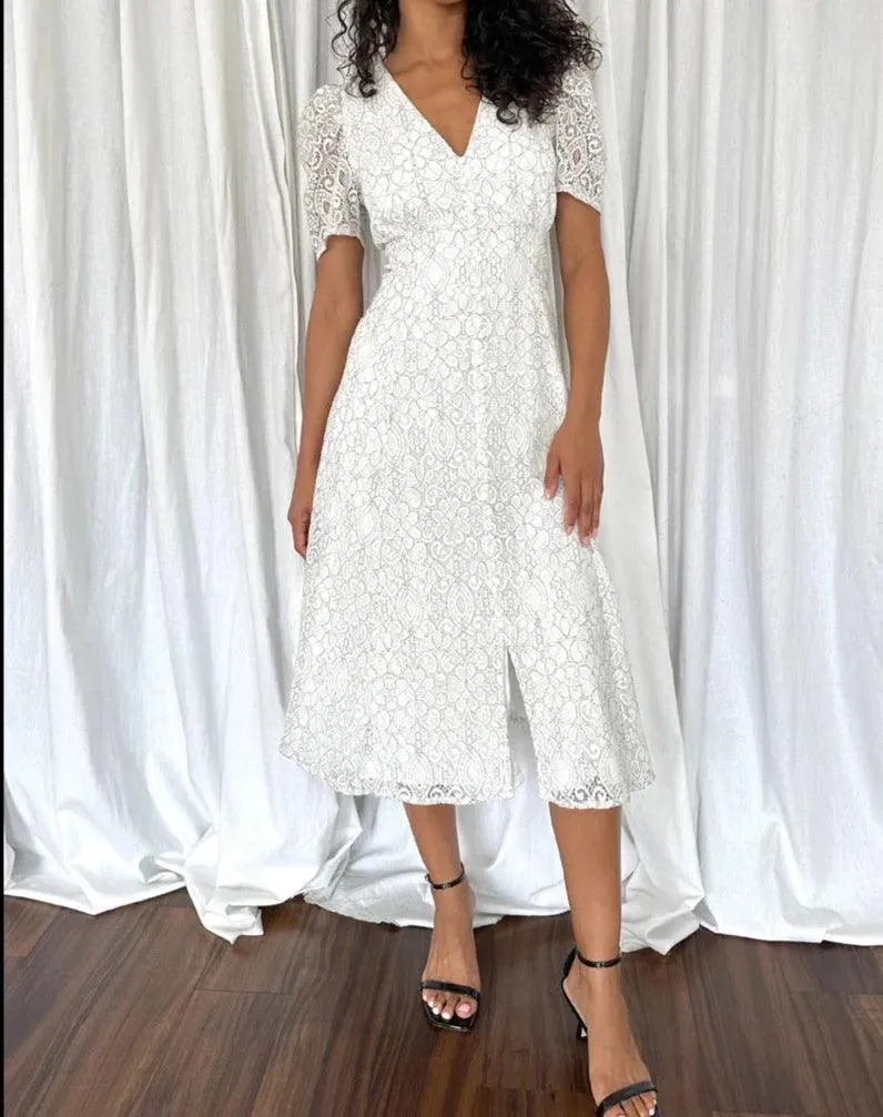 Lacey Puff Sleeve Lace Midi Dress