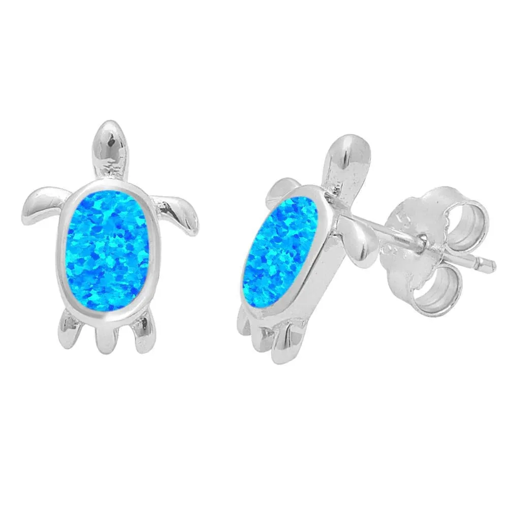 Larimar or Blue Created Opal Turtle Post Earrings Sterling Silver