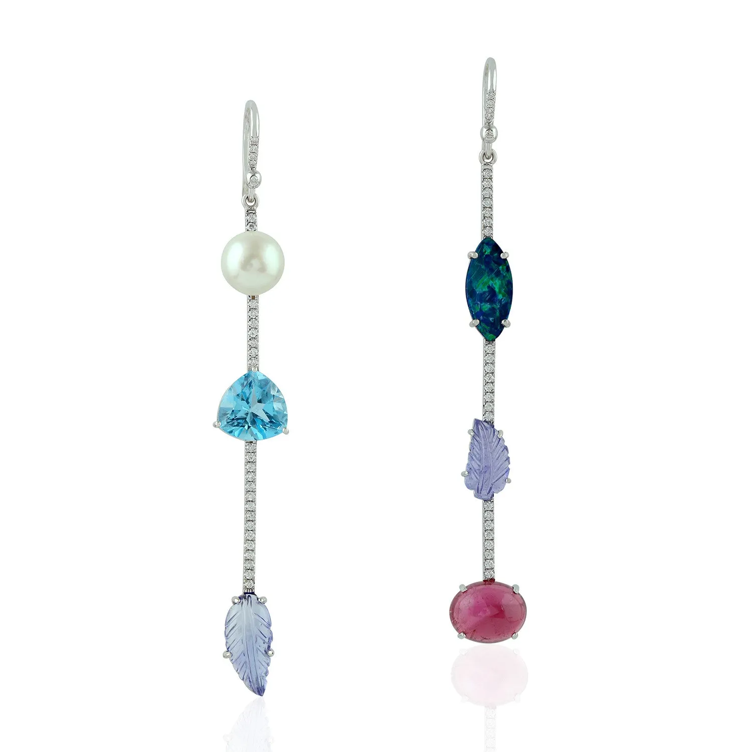 Leaf Tanzanite Topaz Tourmaline Opal Pearl Pave Diamond 18K White Gold Dangle Earrings