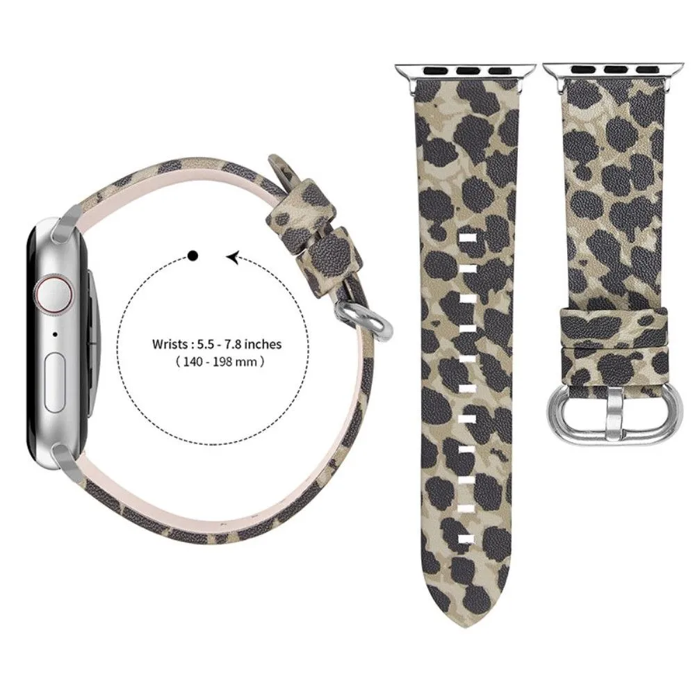 Leopard pattern cowhide genuine leather watch strap for Apple Watch (45mm) - Army Green Leopard