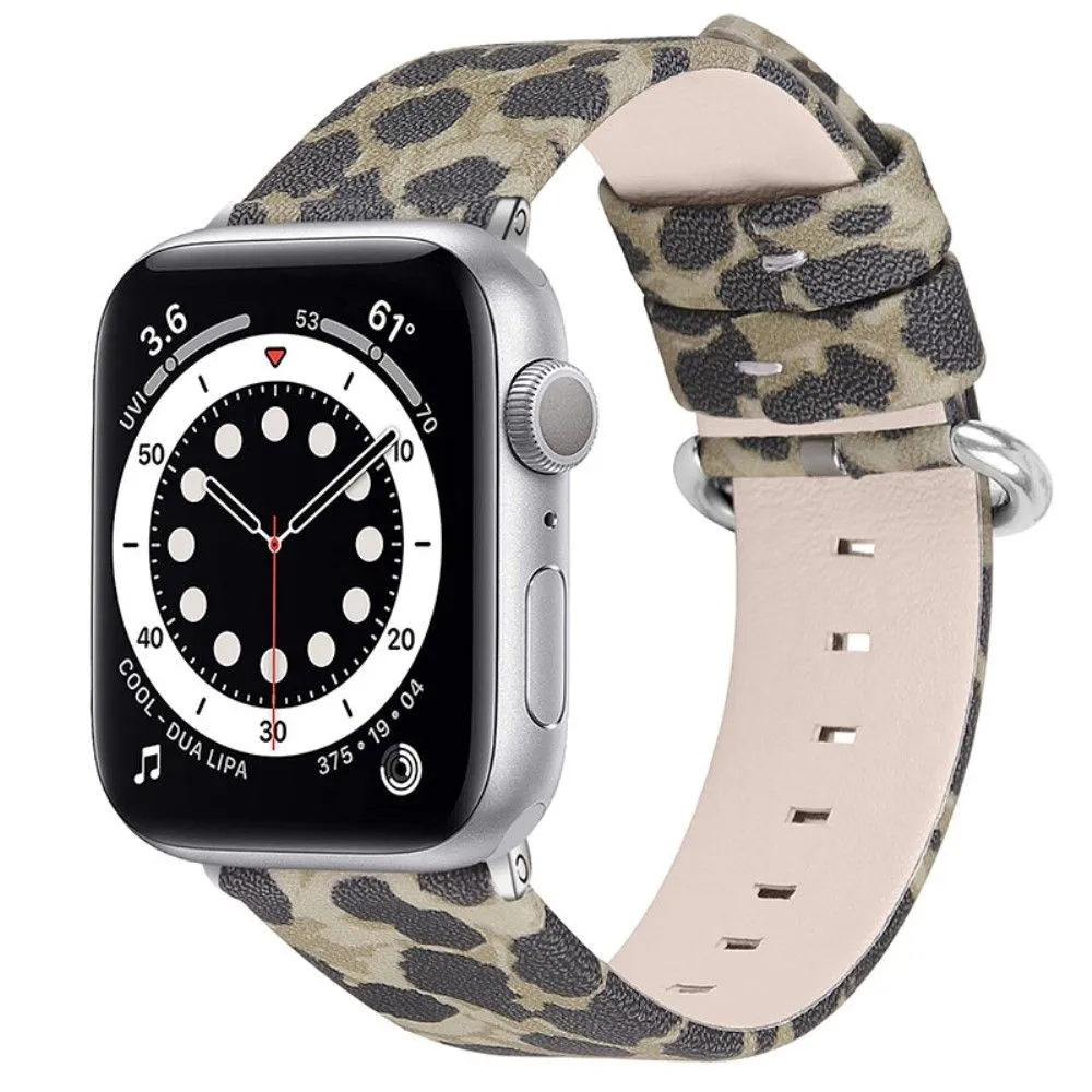 Leopard pattern cowhide genuine leather watch strap for Apple Watch (45mm) - Army Green Leopard