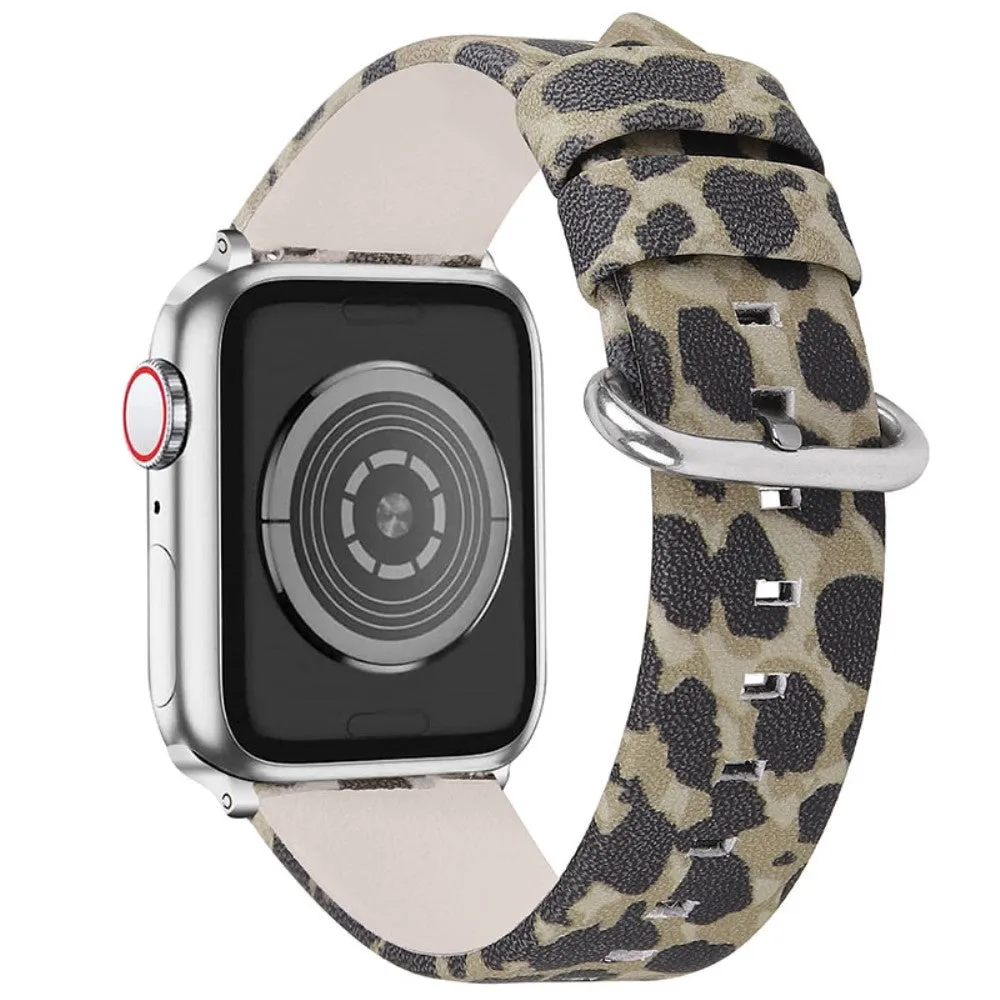 Leopard pattern cowhide genuine leather watch strap for Apple Watch (45mm) - Army Green Leopard