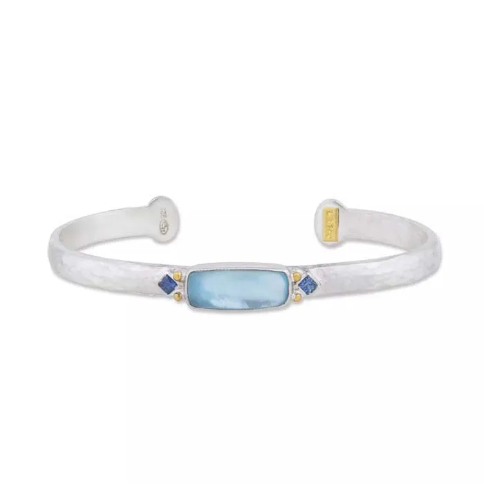 Lika Behar "Dive In" Cuff Bracelet with Blue Topaz and Mother of Pearl Doublet and Blue Sapphires in Sterling Silver and 24K Yellow Gold