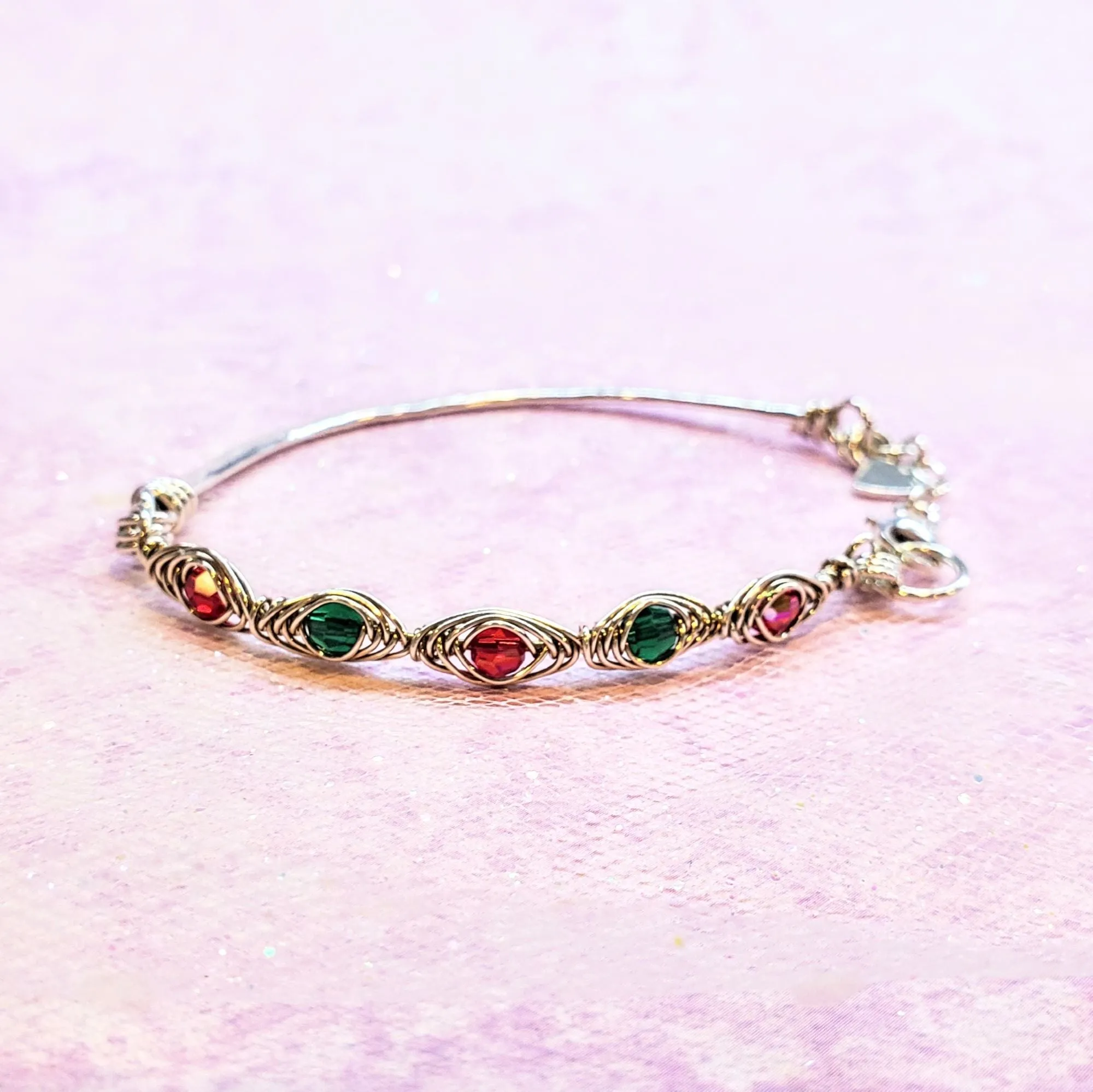 Limited Edition Silver Wire Wrapped Red Green Christmas Holiday Tube Bracelet