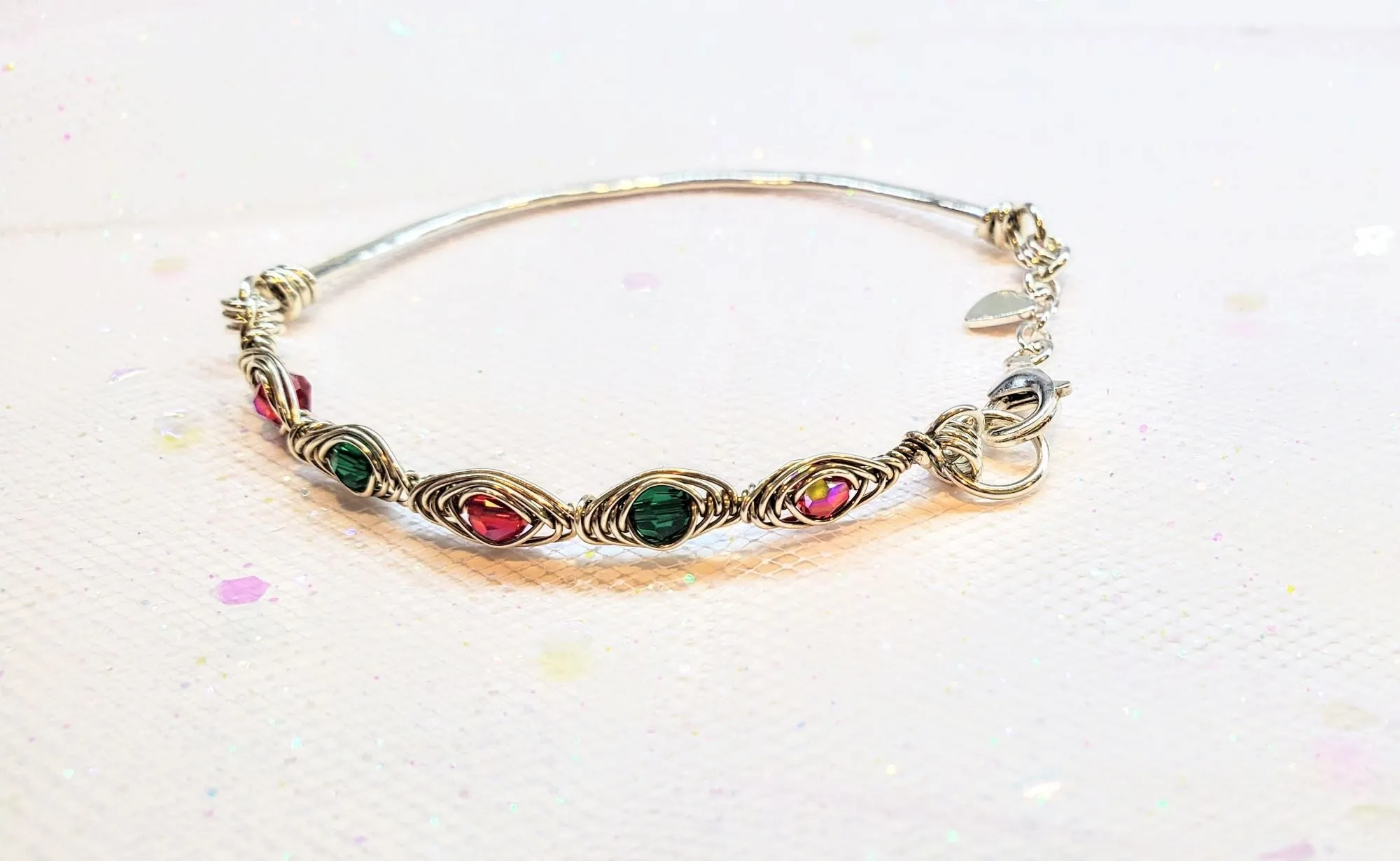 Limited Edition Silver Wire Wrapped Red Green Christmas Holiday Tube Bracelet