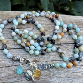 Long Amazonite Gemstone Necklace with Turtle Charm