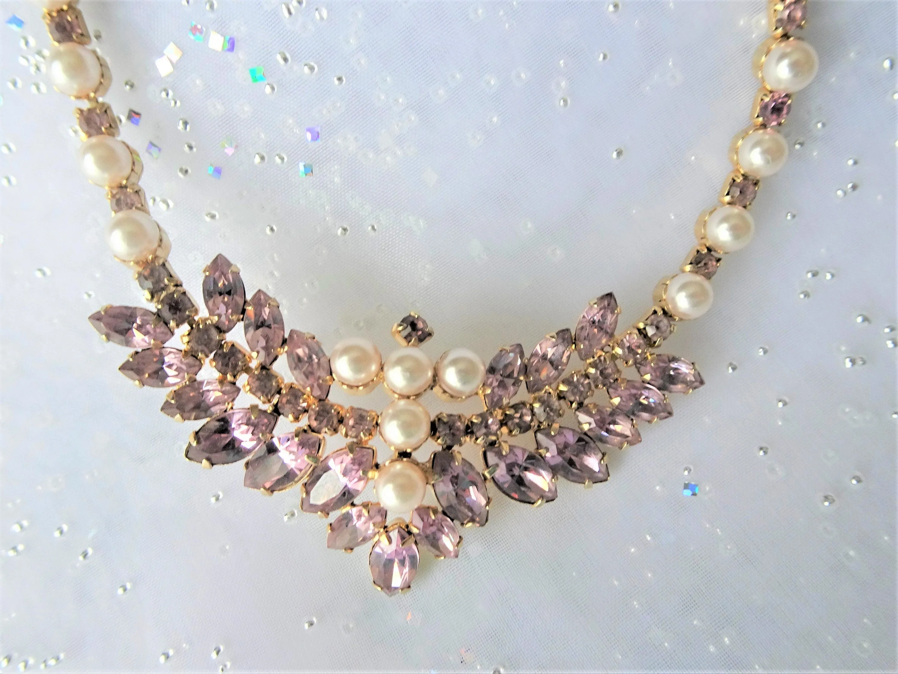 LOVELY Glass and Pearl Vintage Necklace,Pale Lavender Glass Necklace,Evening Wear or Bridal Necklace, Collectible Mid Century Jewelry