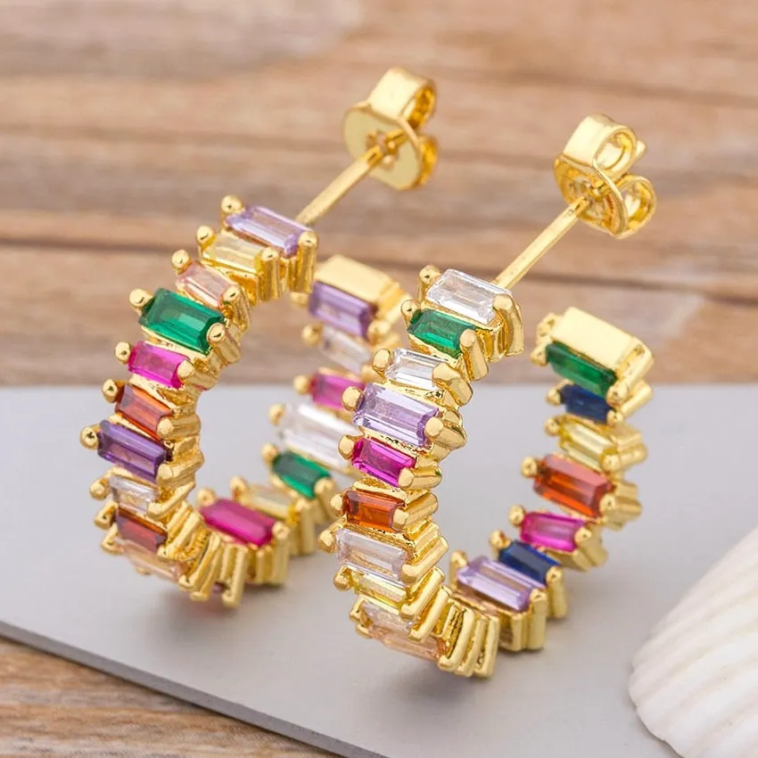 Luxury Crystal Zircon Stone Earrings Fashion Copper CZ Gold Rainbow Jewelry Boho Stud Earrings