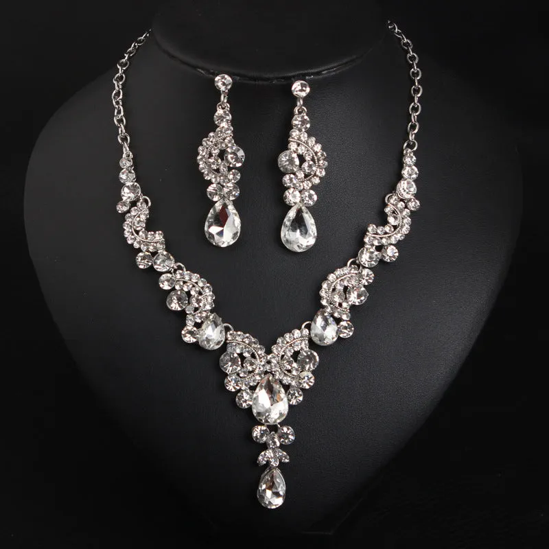 Luxury Women Rhinestone Pendant Chain Necklace Stud Earrings Wedding Jewelry Set Jewelry fashion Accessories