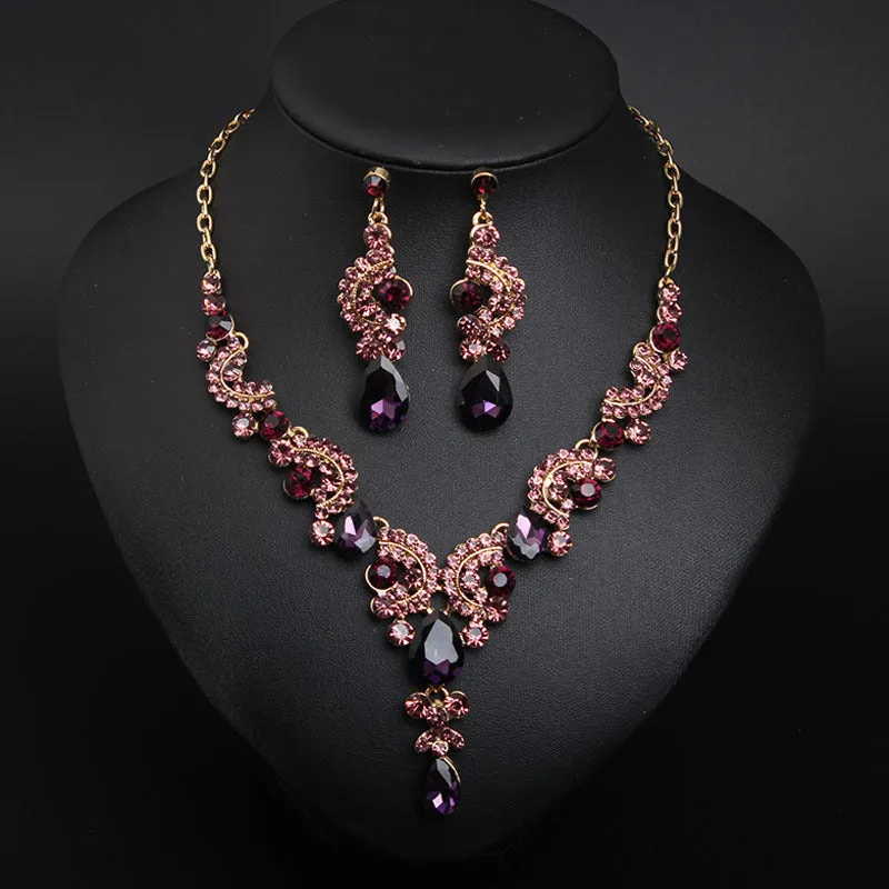 Luxury Women Rhinestone Pendant Chain Necklace Stud Earrings Wedding Jewelry Set Jewelry fashion Accessories