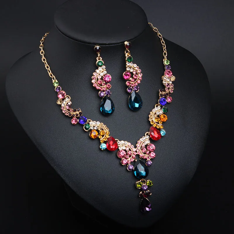 Luxury Women Rhinestone Pendant Chain Necklace Stud Earrings Wedding Jewelry Set Jewelry fashion Accessories