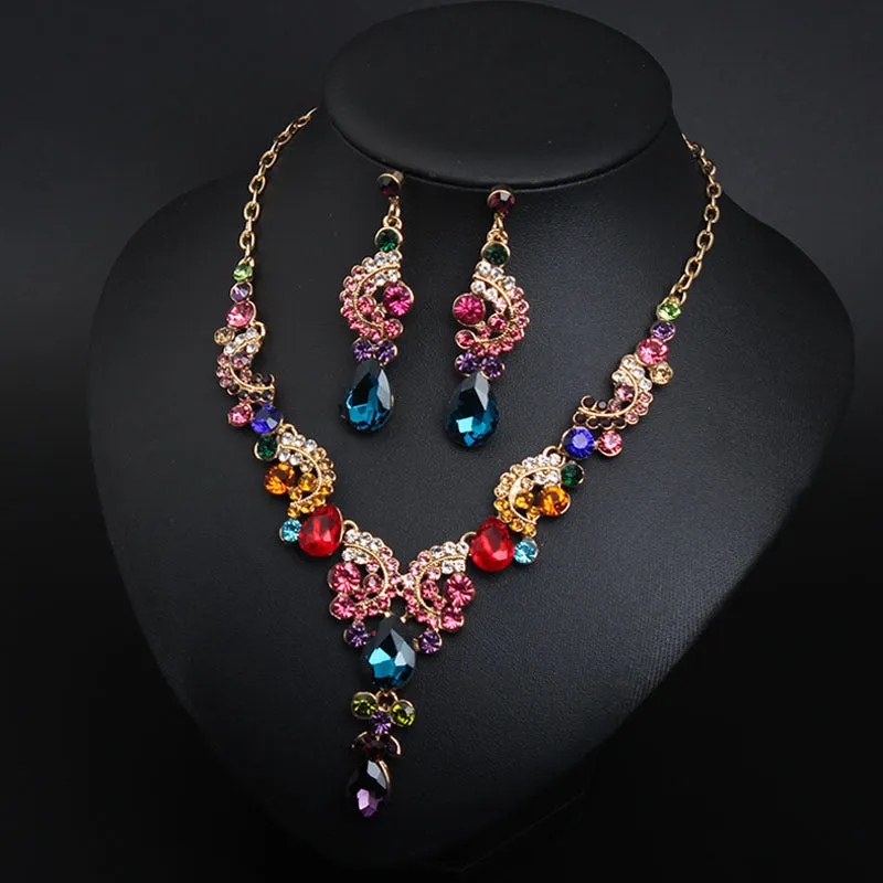 Luxury Women Rhinestone Pendant Chain Necklace Stud Earrings Wedding Jewelry Set Jewelry fashion Accessories