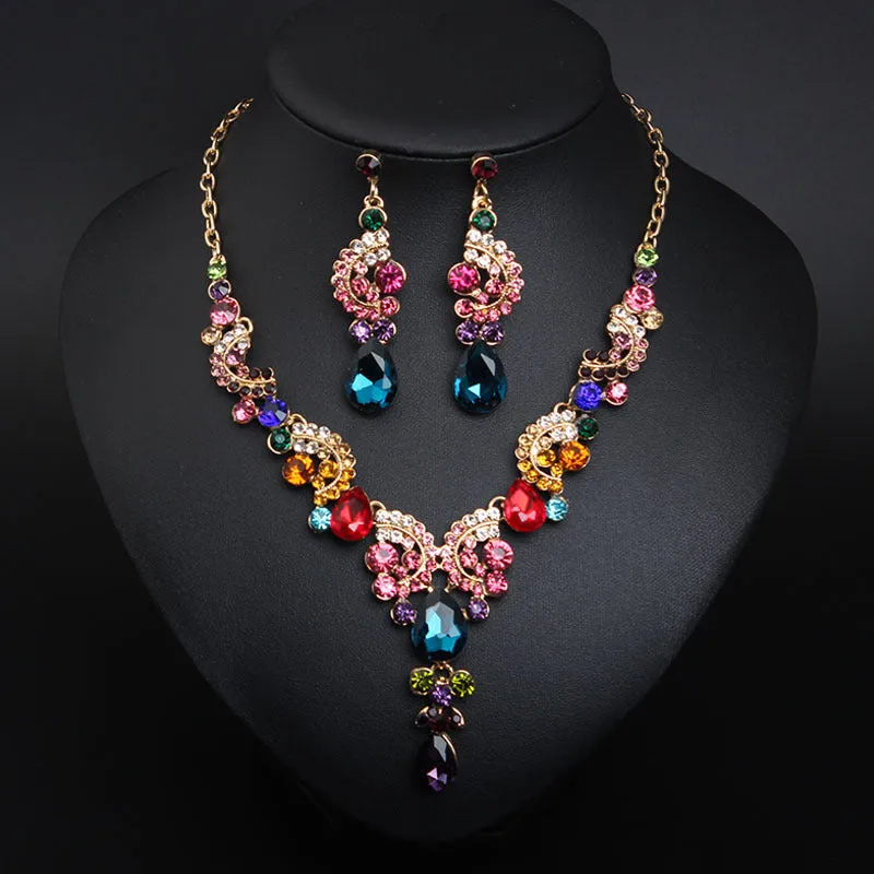 Luxury Women Rhinestone Pendant Chain Necklace Stud Earrings Wedding Jewelry Set Jewelry fashion Accessories