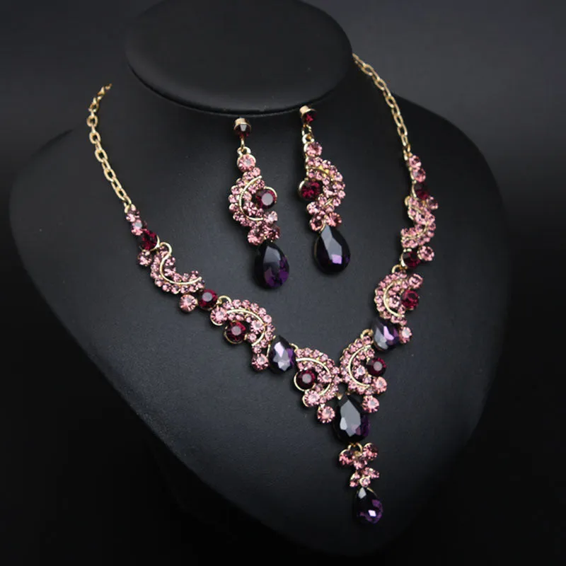 Luxury Women Rhinestone Pendant Chain Necklace Stud Earrings Wedding Jewelry Set Jewelry fashion Accessories