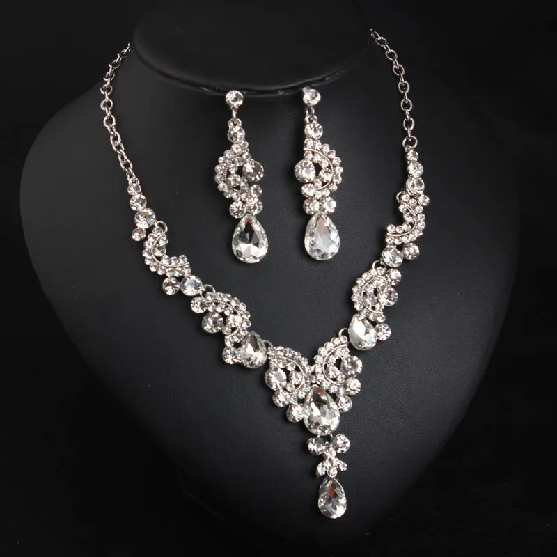 Luxury Women Rhinestone Pendant Chain Necklace Stud Earrings Wedding Jewelry Set Jewelry fashion Accessories