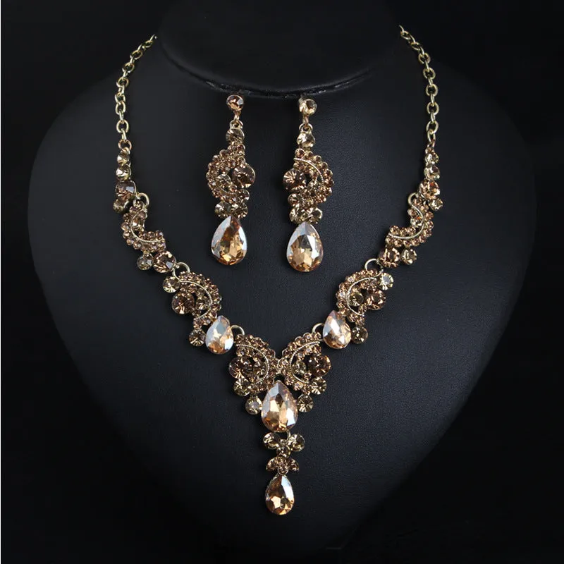 Luxury Women Rhinestone Pendant Chain Necklace Stud Earrings Wedding Jewelry Set Jewelry fashion Accessories