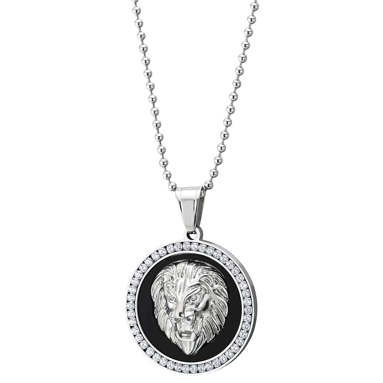 Men Women Steel Embossed Lion Head Circle Medal Pendant Necklace with CZ, Black Onyx, Silver Black