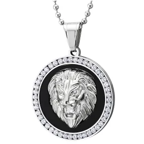 Men Women Steel Embossed Lion Head Circle Medal Pendant Necklace with CZ, Black Onyx, Silver Black