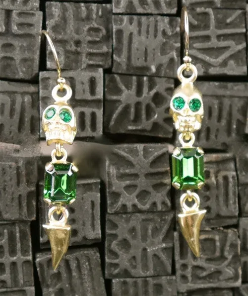 Michael Spirito Jewelry Skull with Emerald Swarovski Tooth Gold Plated Earrings