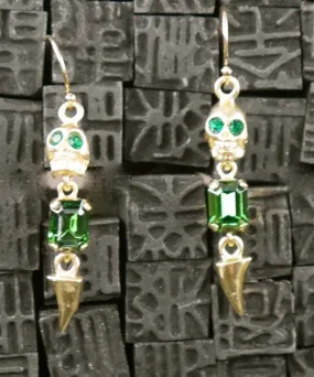 Michael Spirito Jewelry Skull with Emerald Swarovski Tooth Gold Plated Earrings