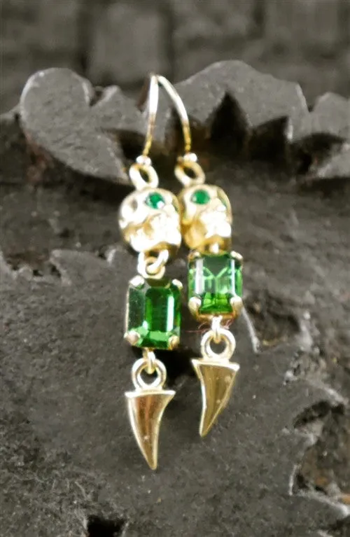 Michael Spirito Jewelry Skull with Emerald Swarovski Tooth Gold Plated Earrings