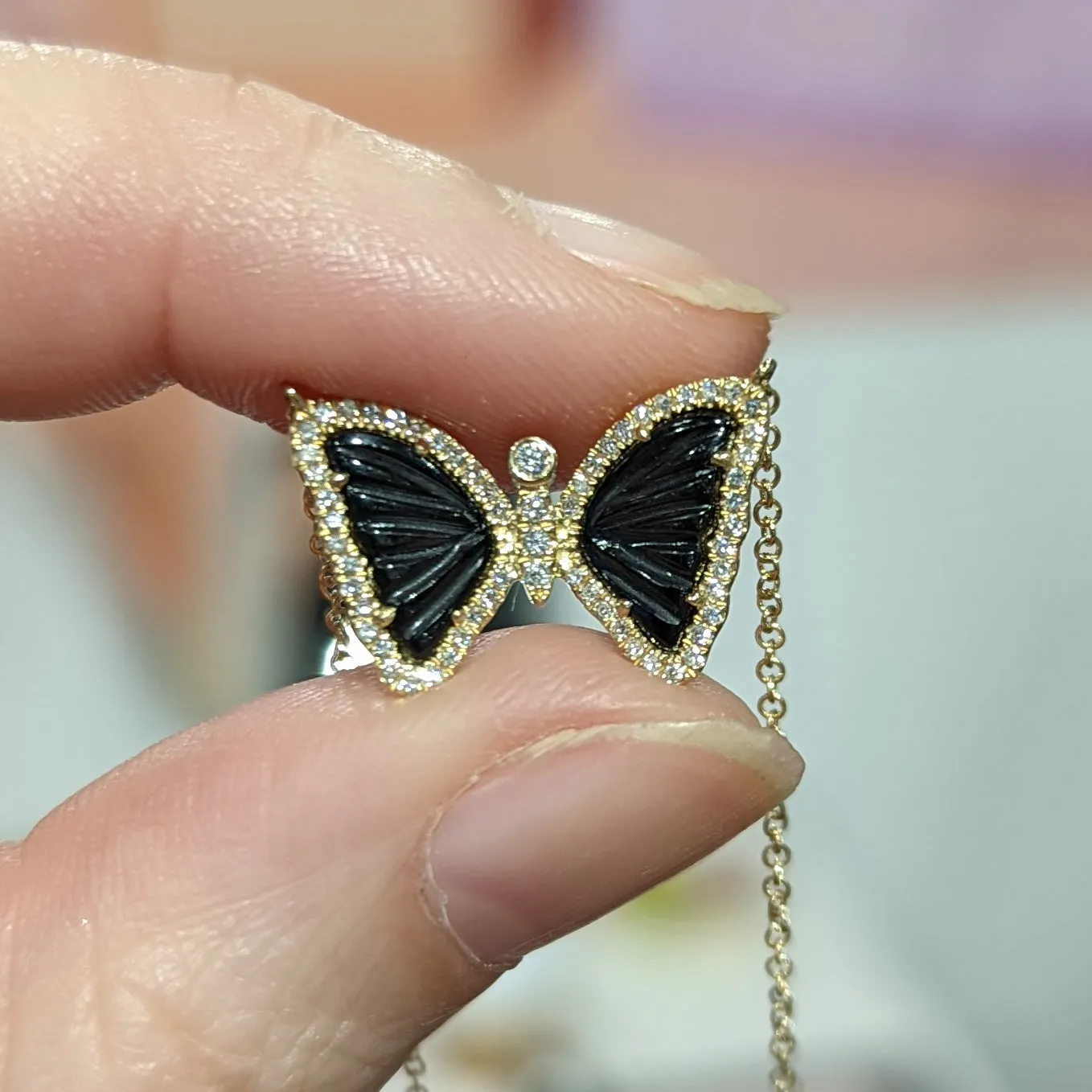 Mini Black Onyx Butterfly Necklace with Diamonds