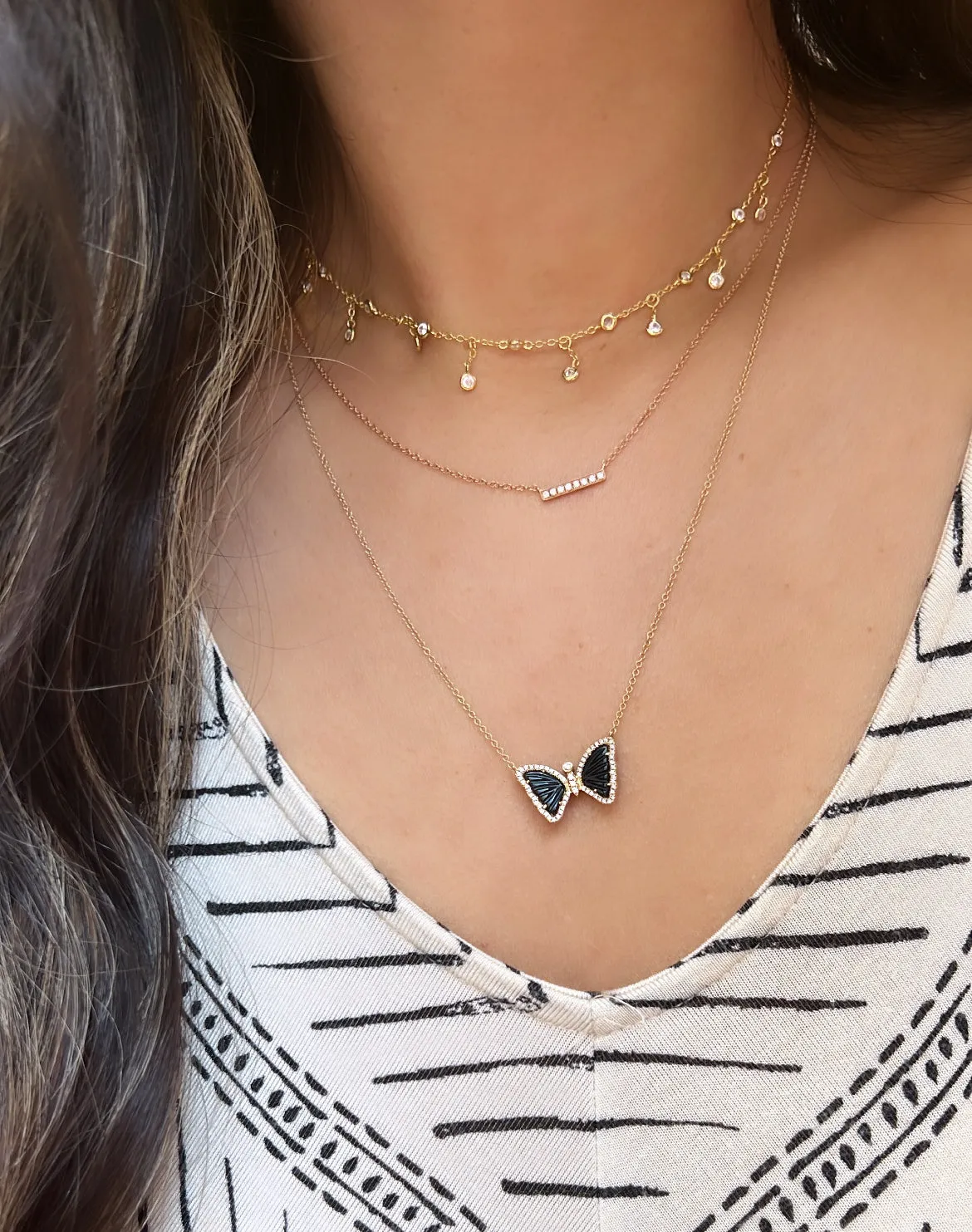 Mini Black Onyx Butterfly Necklace with Diamonds