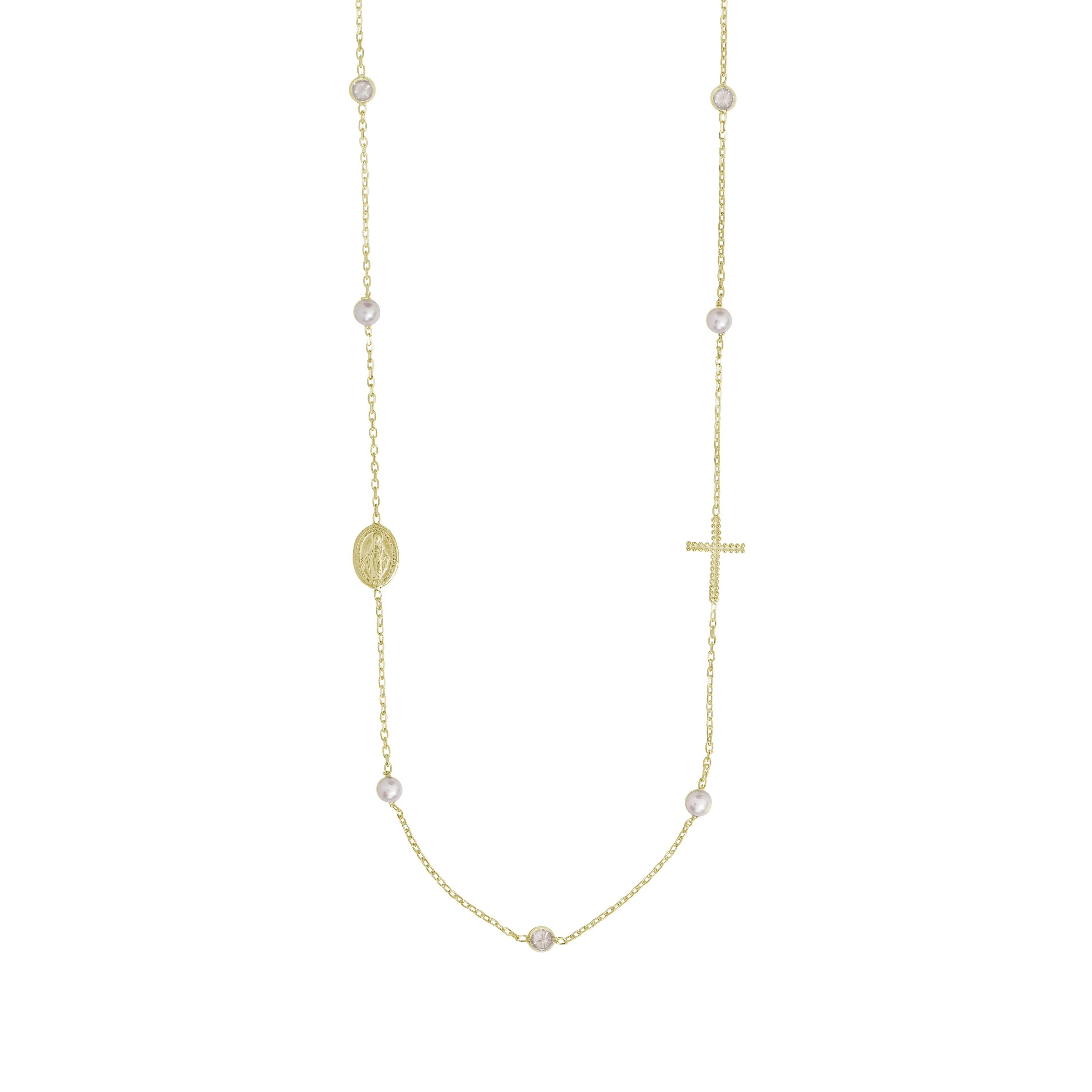 MIRACULOUS AND CROSS - NECKLACE PEARL AND CRYSTAL - VERMEIL SILVER