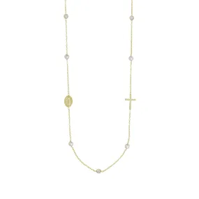 MIRACULOUS AND CROSS - NECKLACE PEARL AND CRYSTAL - VERMEIL SILVER