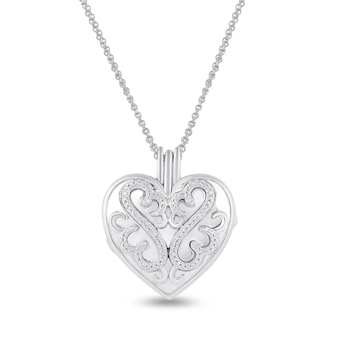 Mirage Diamond Set Infinity Heart Locket Necklace in Sterling Silver with Two Chains