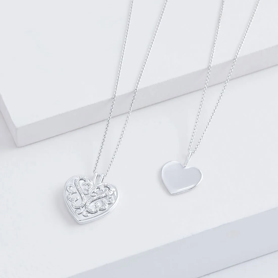 Mirage Diamond Set Infinity Heart Locket Necklace in Sterling Silver with Two Chains