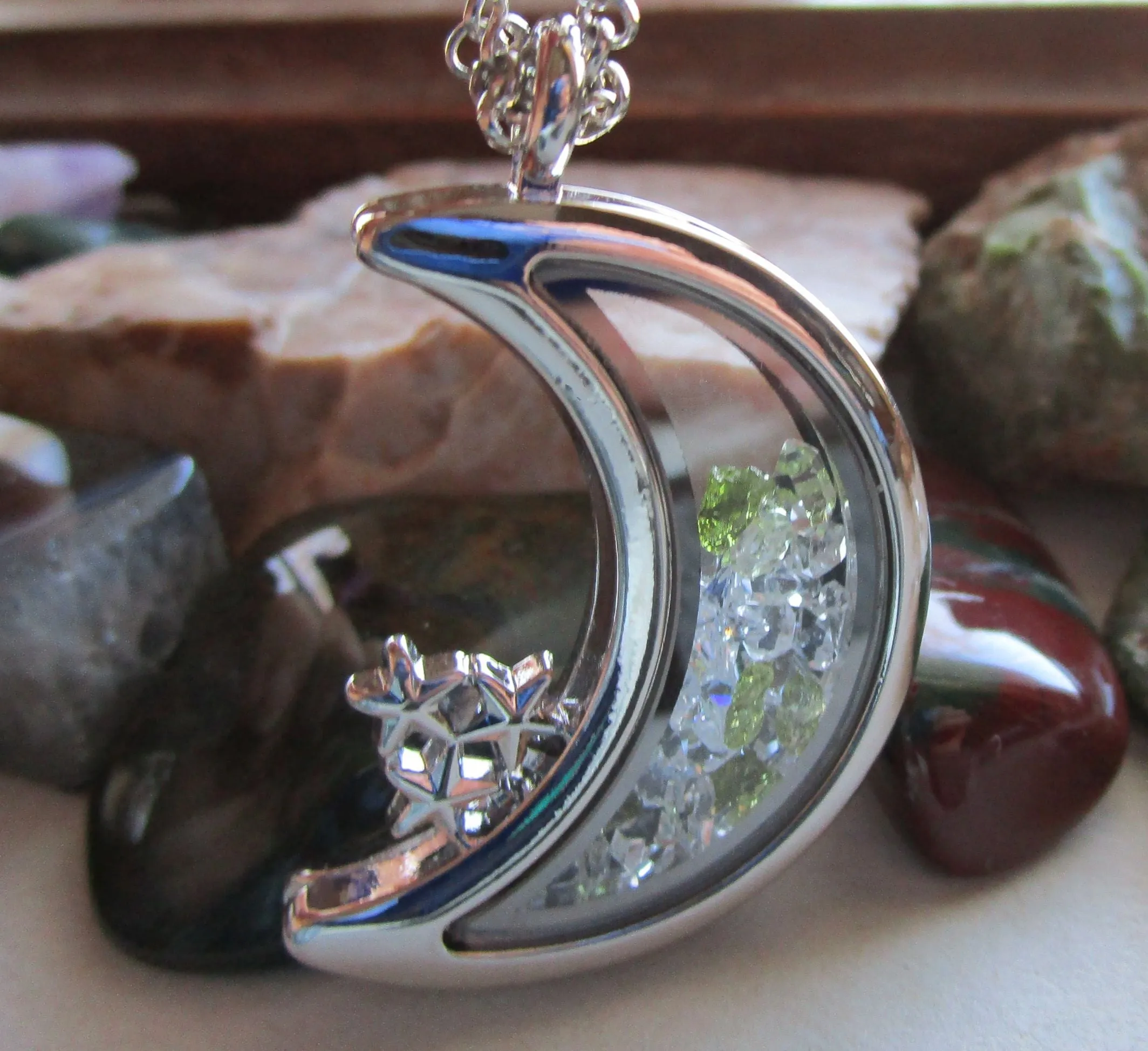 Moldavite and Herkimer Diamonds Double Sided Glass Moon Locket Necklace