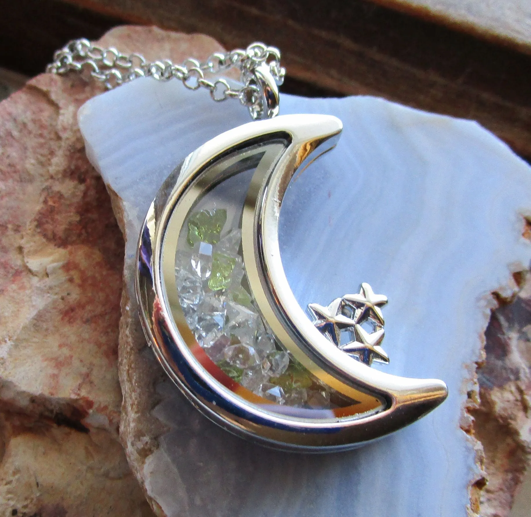 Moldavite and Herkimer Diamonds Double Sided Glass Moon Locket Necklace