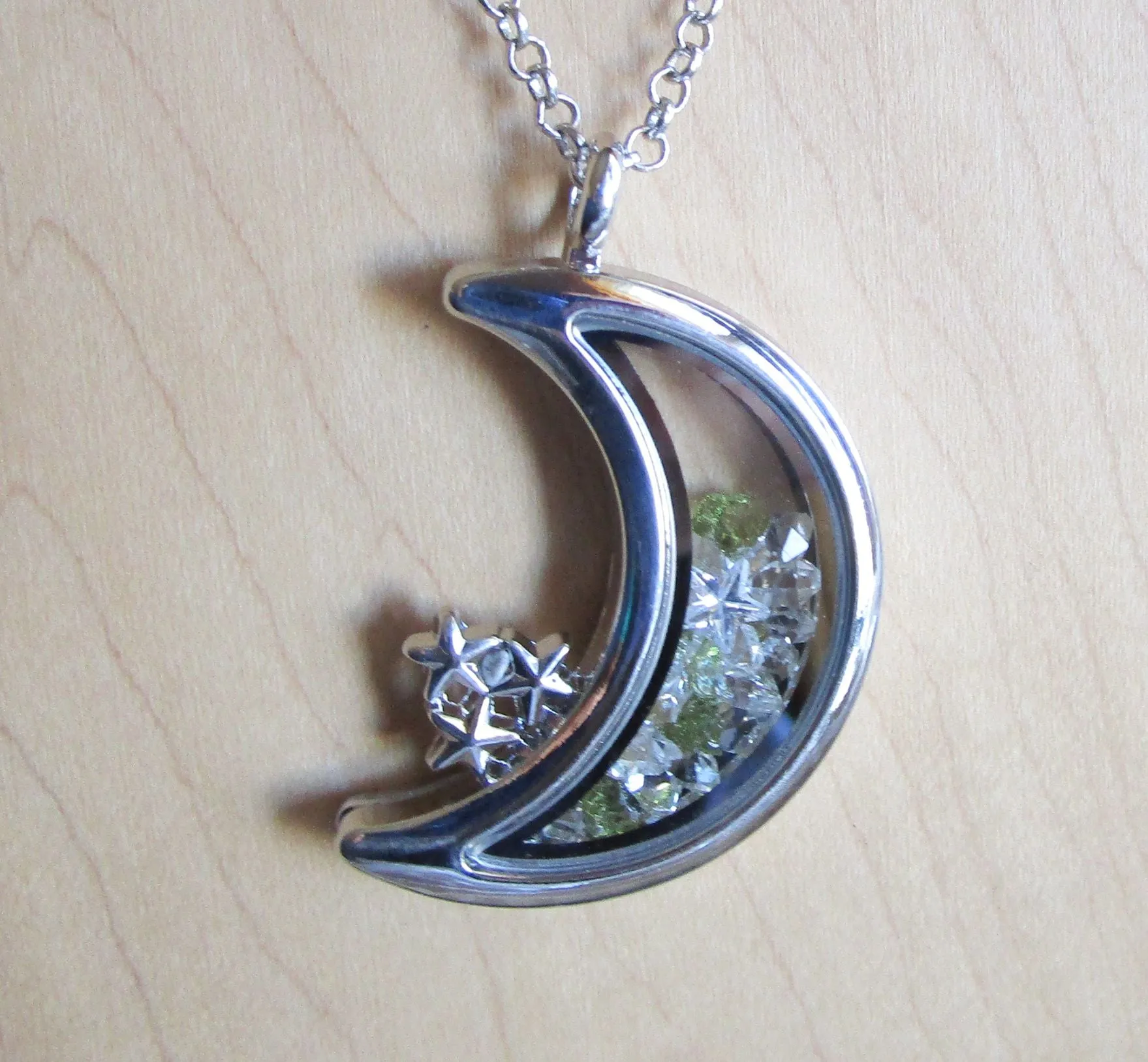 Moldavite and Herkimer Diamonds Double Sided Glass Moon Locket Necklace