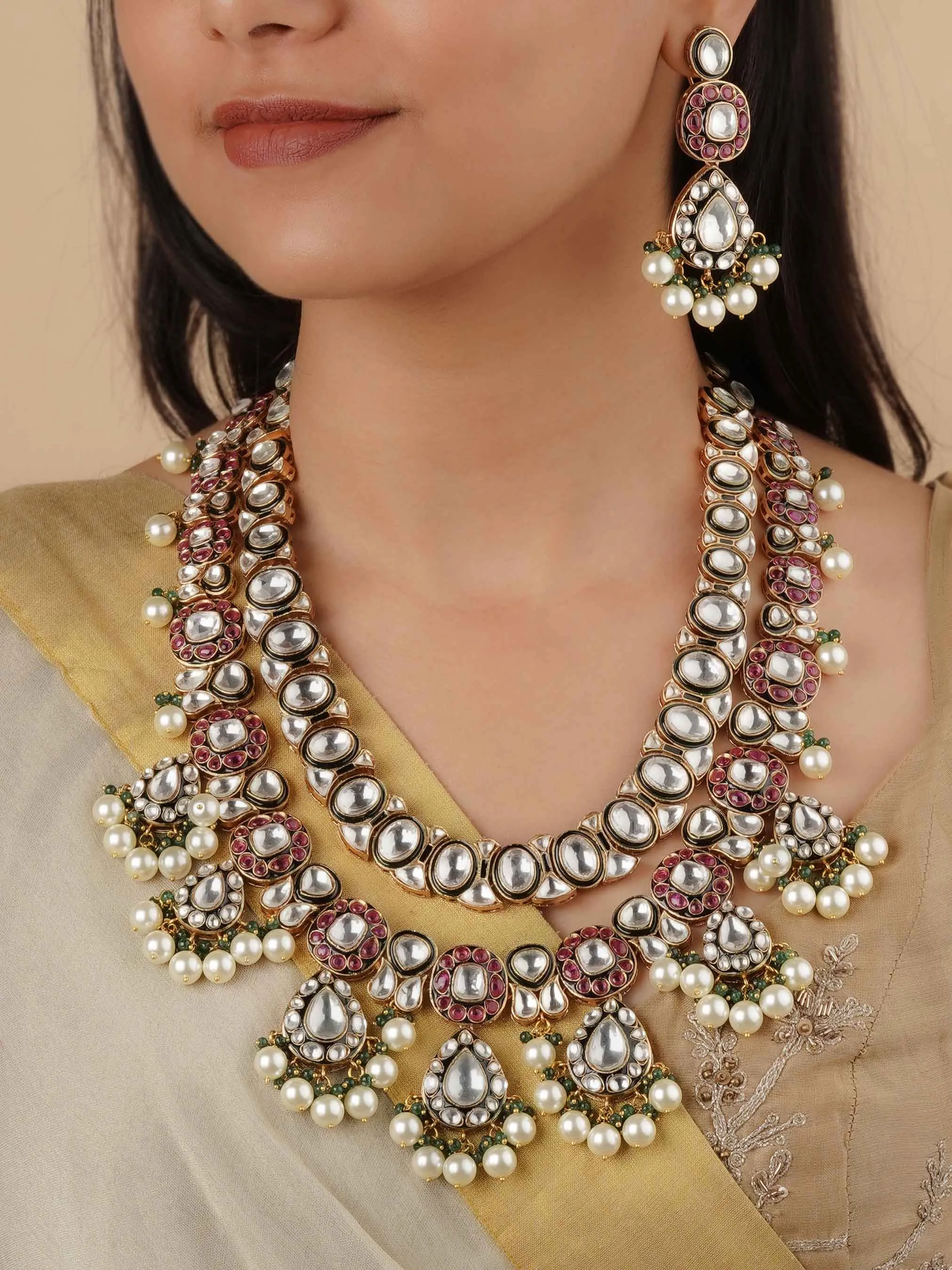 Multicolor Gold Plated Faux Polki Bridal Necklace Set - PK-S144