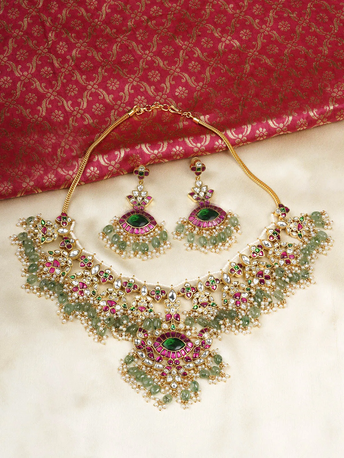 Multicolor Gold Plated Jadau Kundan Bridal Necklace Set - MS2009M