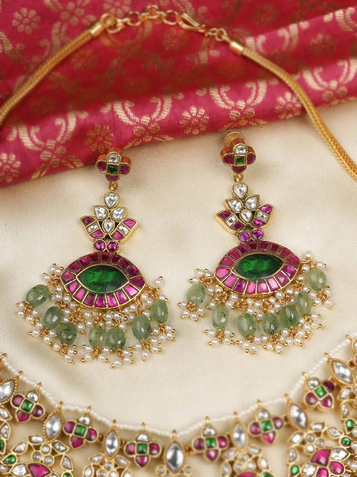 Multicolor Gold Plated Jadau Kundan Bridal Necklace Set - MS2009M