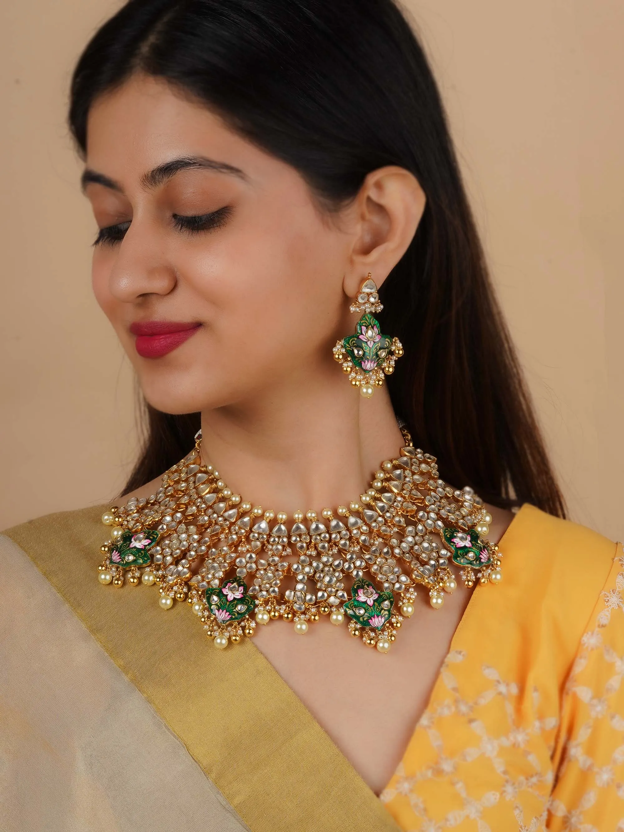 Multicolor Gold Plated Jadau Kundan Necklace Set - MS436