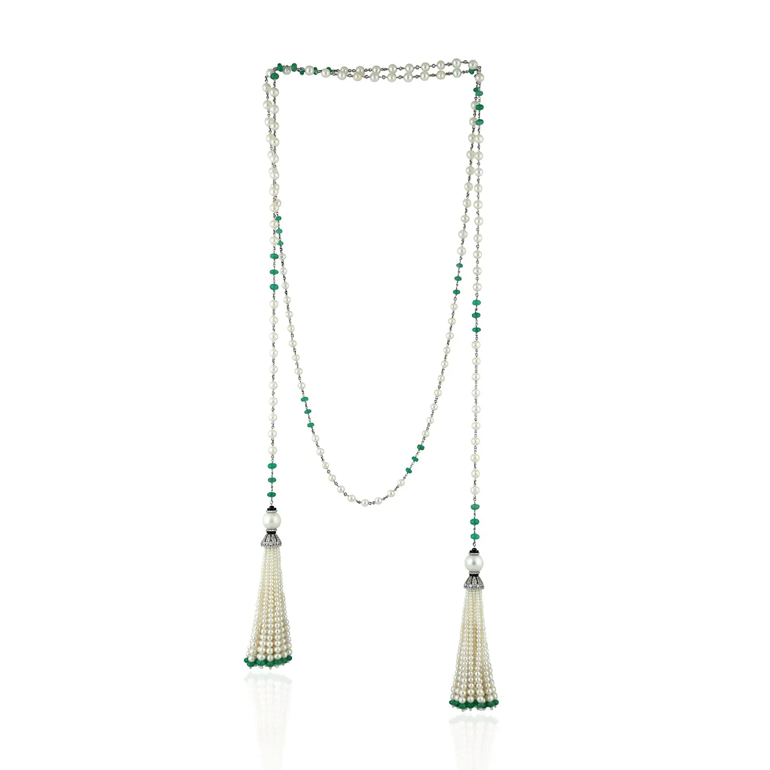 Natural Emerald Beads Tassel Rope Necklace 18K White Gold Diamond Jewelry On Sale For Her