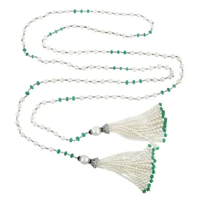 Natural Emerald Beads Tassel Rope Necklace 18K White Gold Diamond Jewelry On Sale For Her