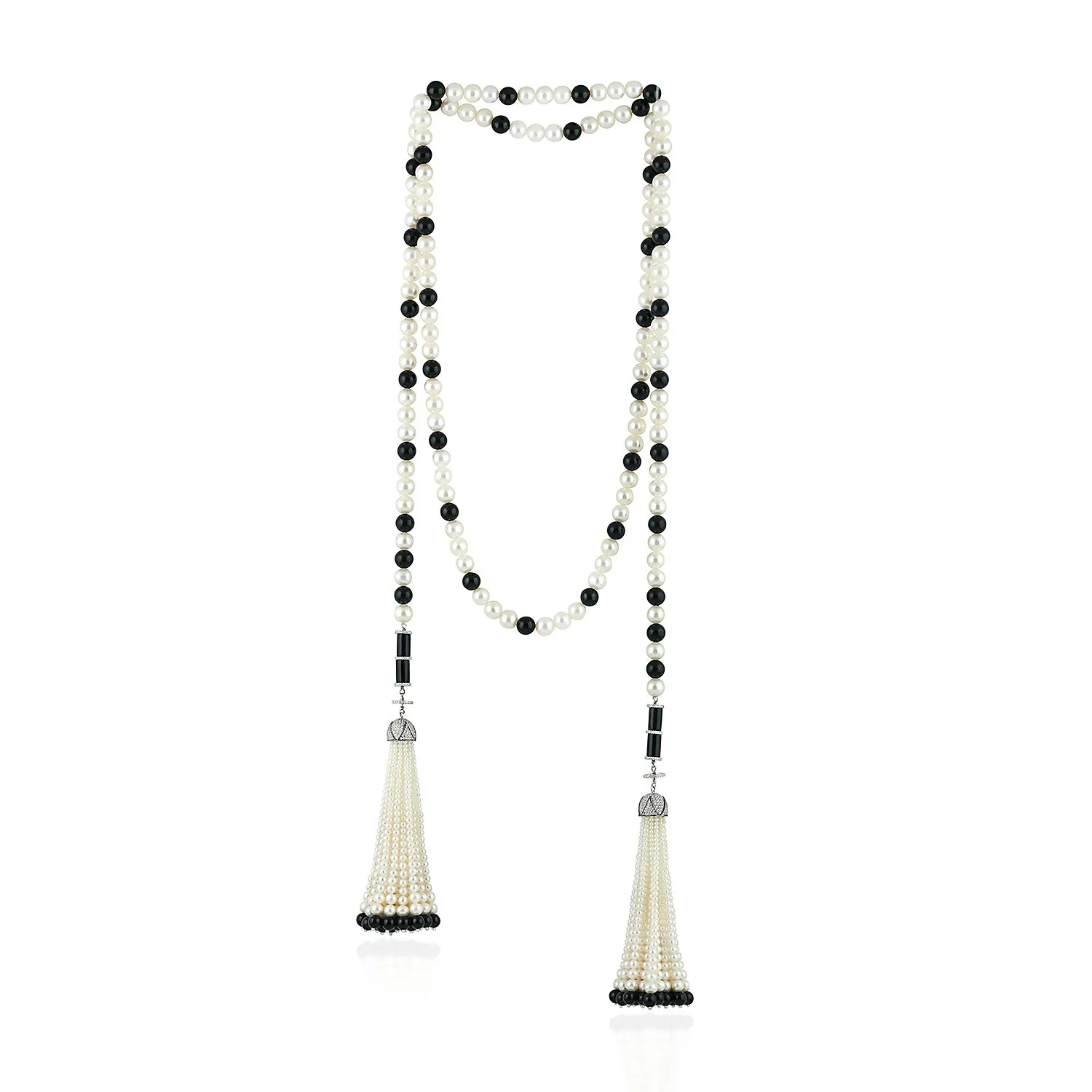 Natural Onyx Pearl Beads Tassel Rope Necklace 18K White Gold Diamond Jewelry