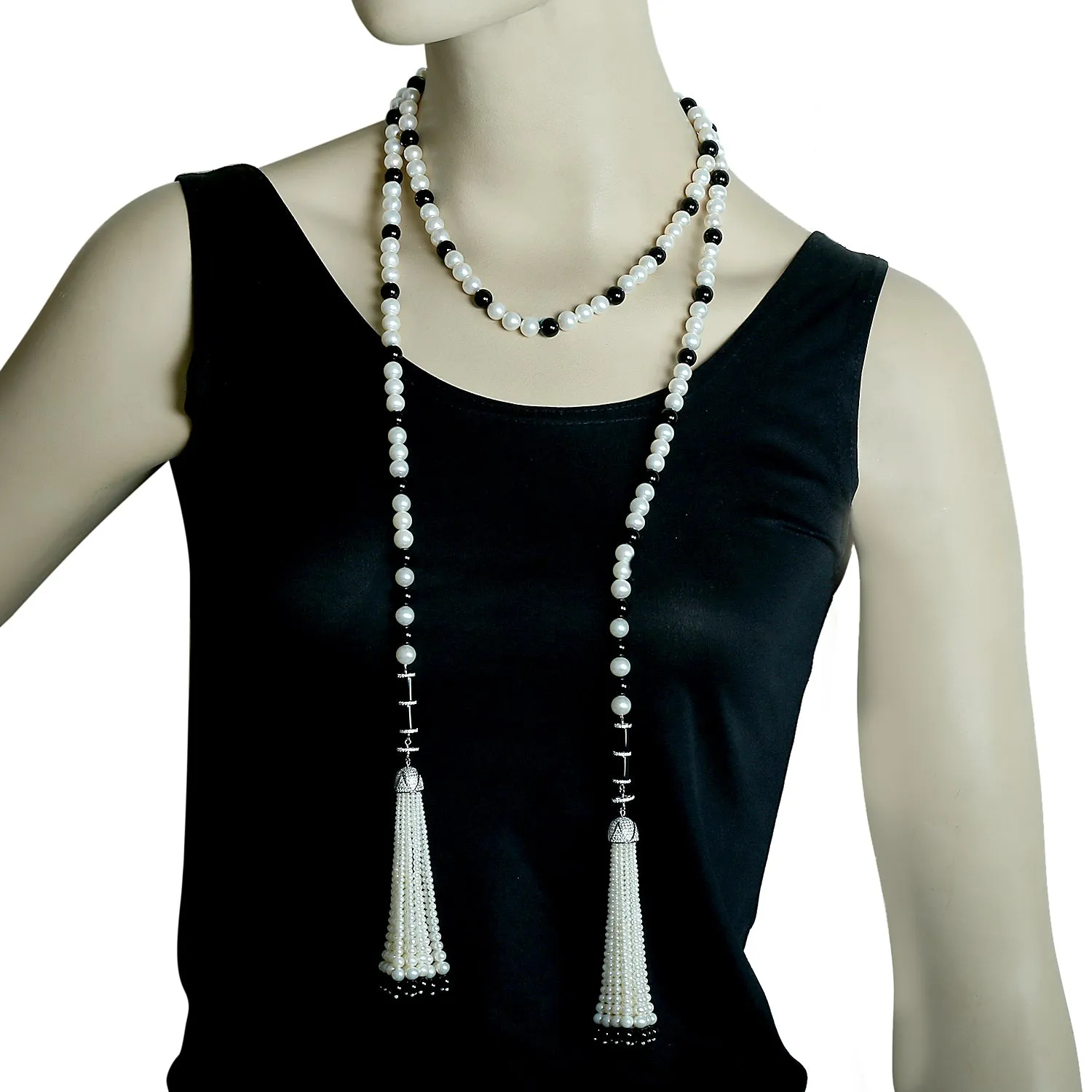 Natural Onyx Pearl Beads Tassel Rope Necklace 18K White Gold Diamond Jewelry