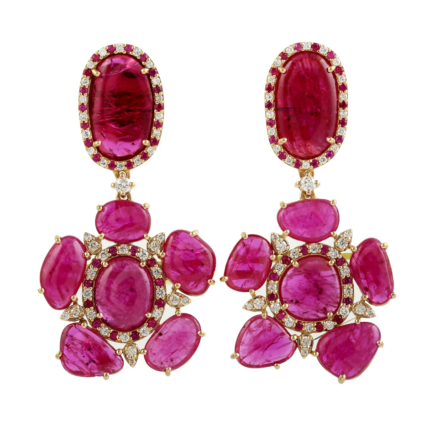 Natural Oval Ruby Pave Diamond Daisy Design Danglers For Women In Gold