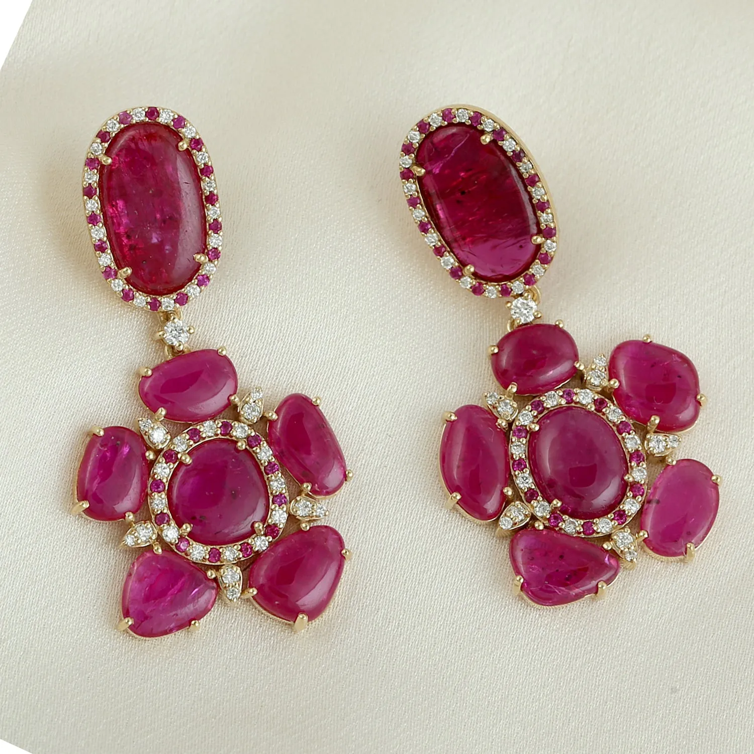 Natural Oval Ruby Pave Diamond Daisy Design Danglers For Women In Gold